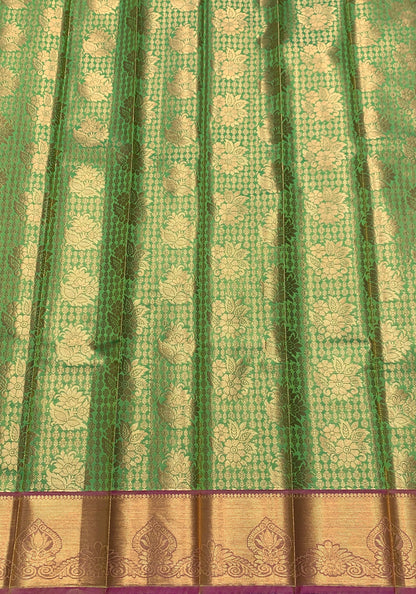 Vegan Silk Saree Light Green Colour with Pink and Copper Border