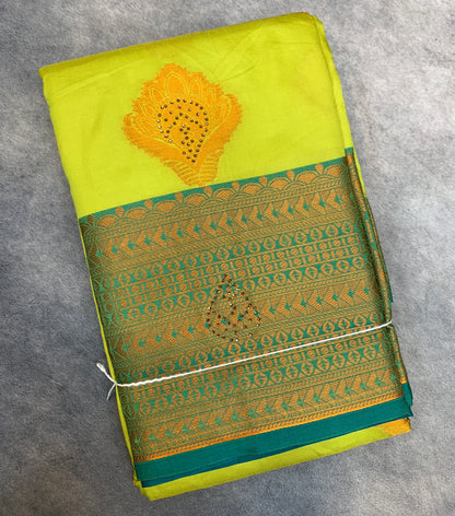Soft Silk Casual Saree Apple Green Colour with Rama Green and Golden Colour Border