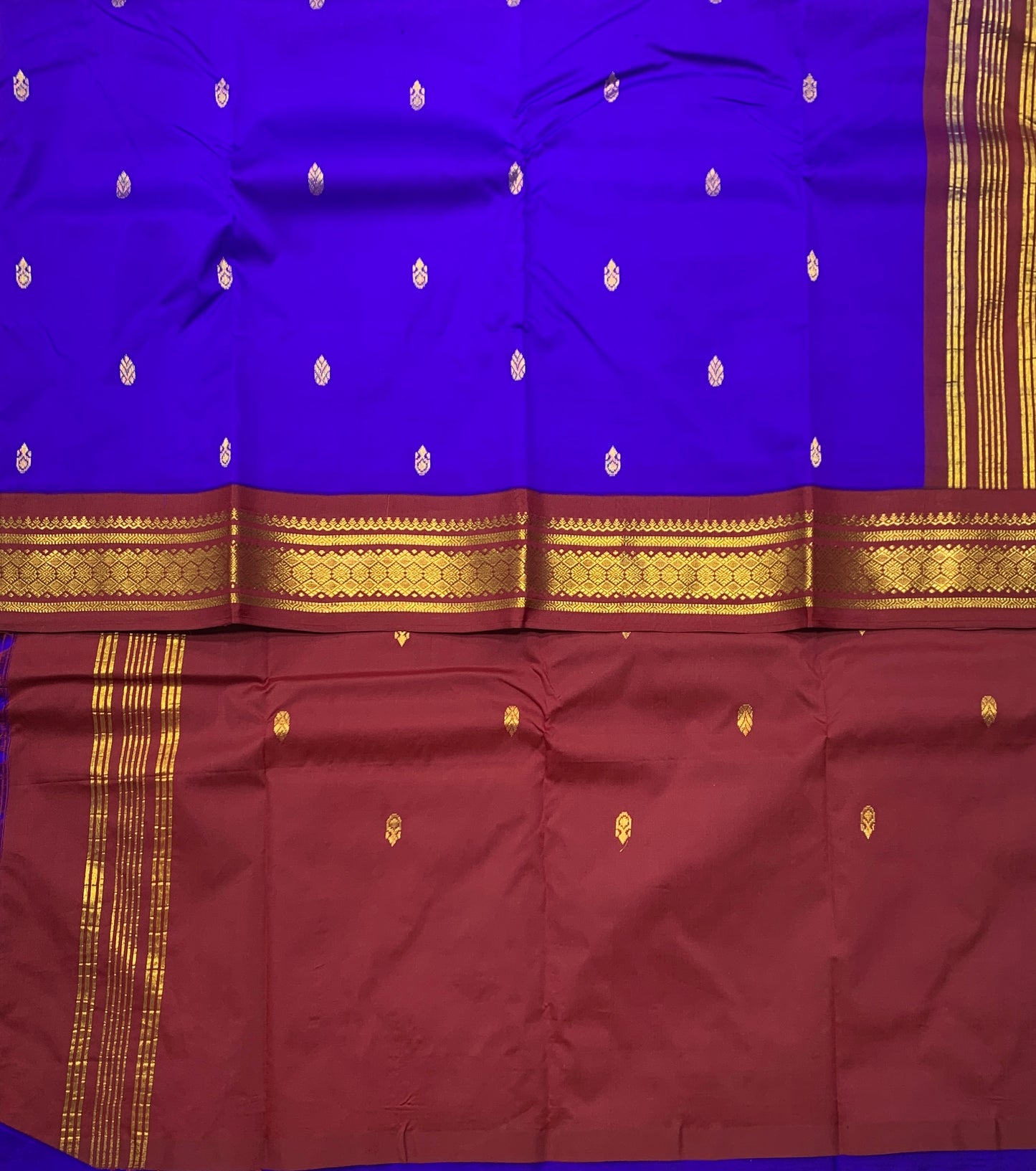 Pure Kanchipuram Silk Blue Colour with Brown Border