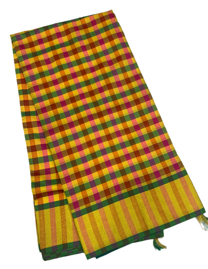 9 yards Vegan Silk Saree Multi Colour with Golden Border