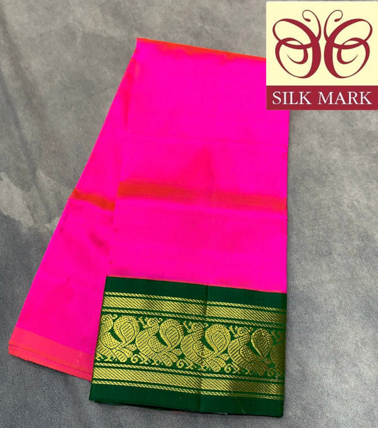 Rani Pink Shade Pure Kanchipuram Kids Pattu Pavadai with Contrast Border for age 2 to 5