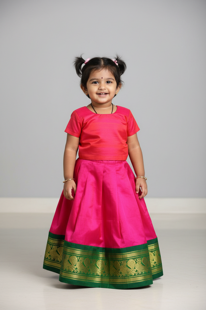 Rani Pink Shade Pure Kanchipuram Kids Pattu Pavadai with Contrast Border for age 2 to 5