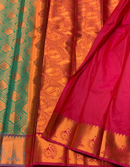Vegan Silk Saree Light Green Colour with Magenta and Copper Border