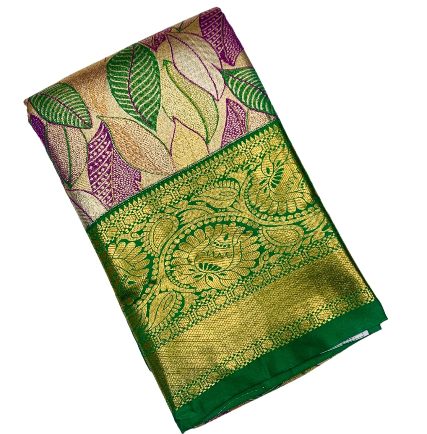 Purple & Green Leaf Soft Kanchi Tissue Pattu Saree with Green border