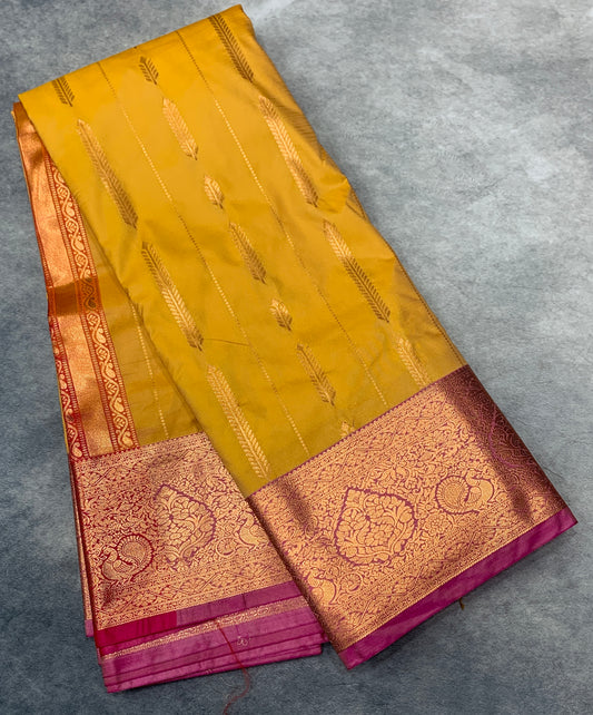 Soft Silk Casual Saree Golden Colour with Pink Colour Border