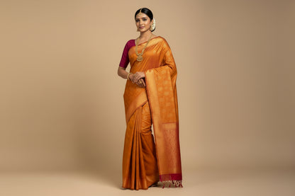 Vegan Silk Saree Golden Yellow Colour with Pink and Copper Border