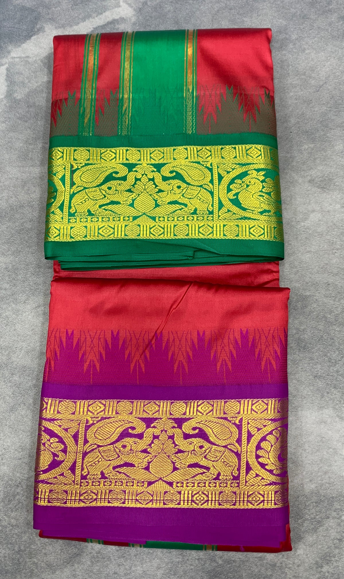 Art Silk Dhothi 9X5 Red Colour with Green and Magenta Colour Ganga Jamuna Border