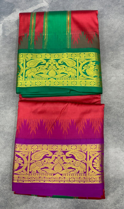 Art Silk Dhothi 9X5 Red Colour with Green and Magenta Colour Ganga Jamuna Border