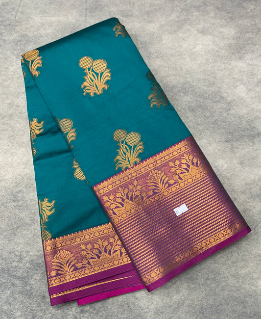 Soft Silk Casual Saree Peacock Green Colour with Magenta and Golden Colour Border