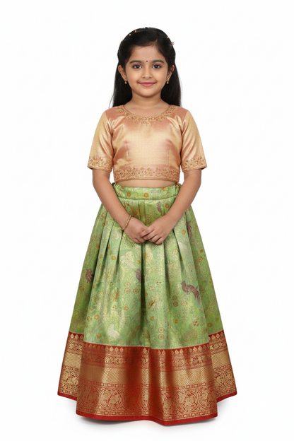 Apple Green Shade Vegan Silk Kids Pattu Pavadai with Contrast Border for Newborn to 2 Years