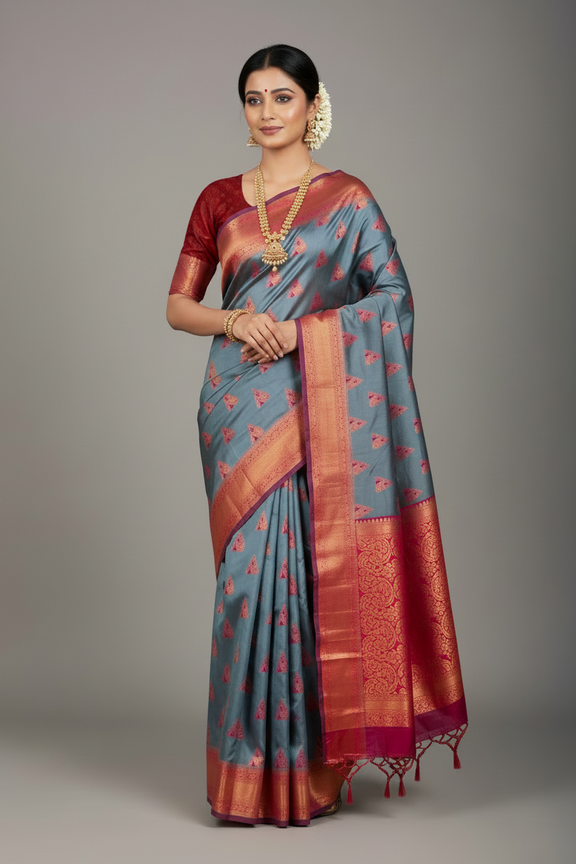 Art Silk Saree Gray Colour with Maroon Border