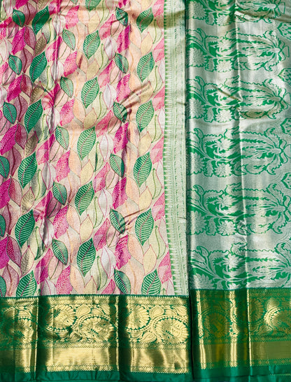 Pink & Green Leaf Soft Kanchi Tissue Pattu Saree with Green border