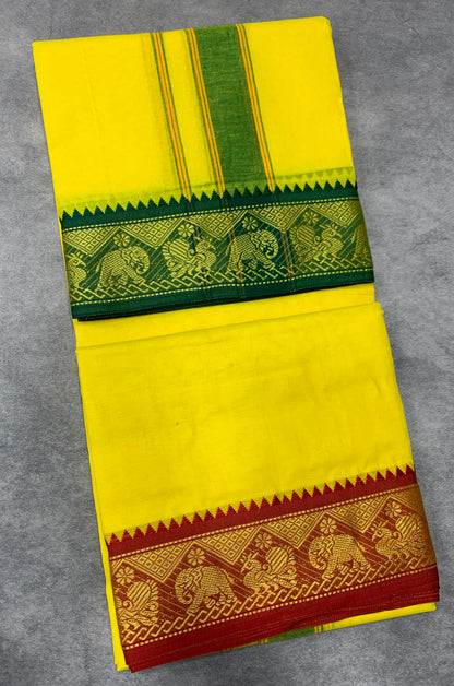 9X5 Cotton Dhoti Yellow Colour with Green and Red Border with Angavastarm