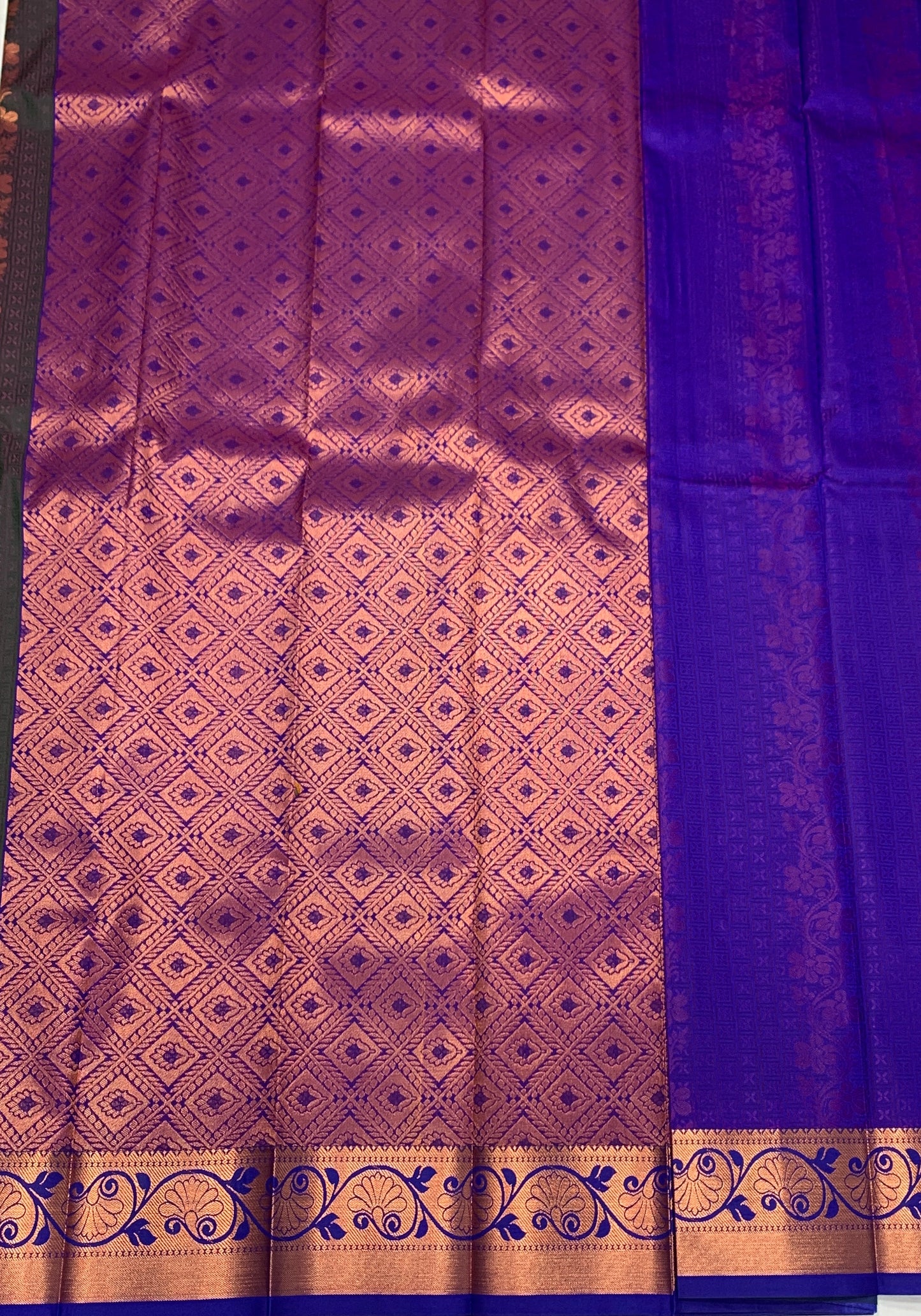 Vegan Silk Saree Dark Green Colour with Copper and Blue Border