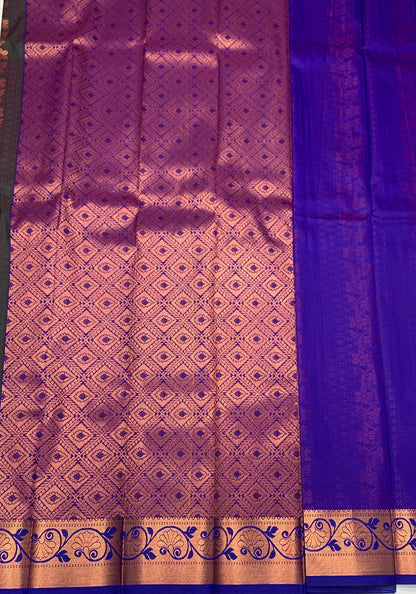 Vegan Silk Saree Dark Green Colour with Copper and Blue Border