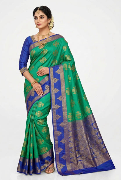 Soft Silk Casual Saree Light Green Colour with Rettai Pettu Blue Colour Border