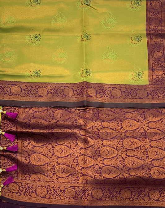 Art Silk Saree Olive Green Colour with Purple Border