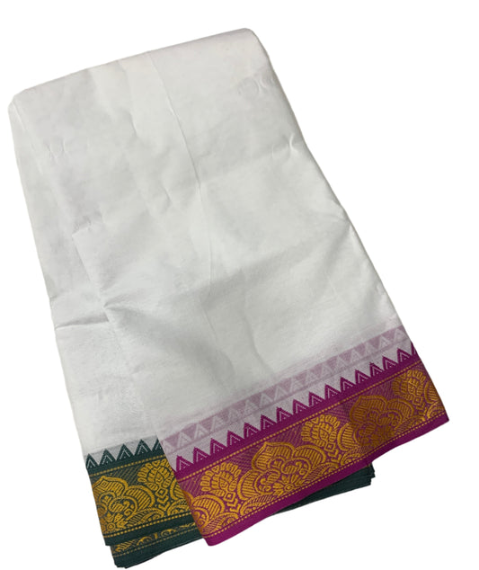 9X5 Cotton Dhoti White Purple and Green Border with Angavastram