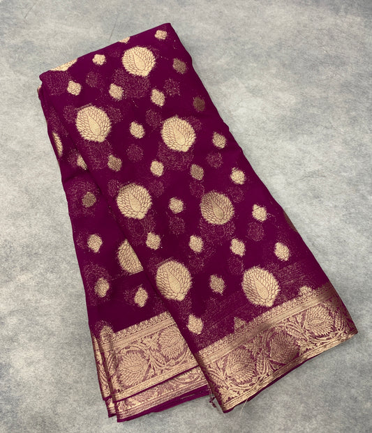 Georgette Saree Magenta Colour with Sliver Floral Design Border