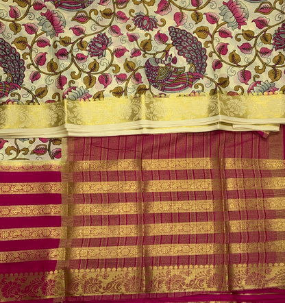 Crepe Saree Tussar Colour with Big Pink Border