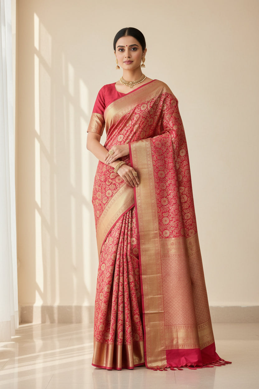 Red Colour Soft Kanchi Tissue Pattu Saree with Golden border