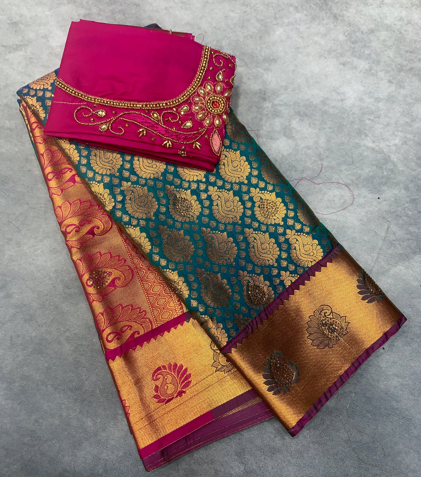 Bridal Vegan Silk Saree Peacock Green shade with Pink Border with Unstitched blouse in Aari work