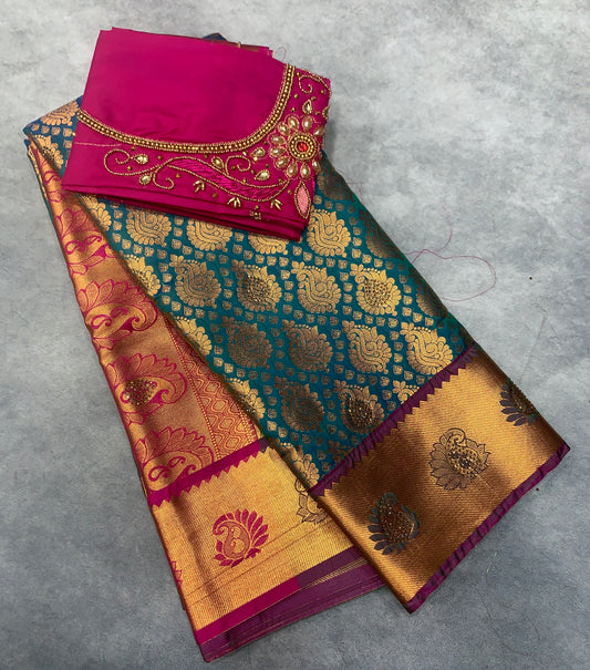 Bridal Vegan Silk Saree Peacock Green shade with Pink Border with Unstitched blouse in Aari work