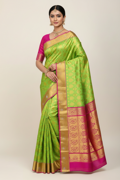 Vegan Silk Saree Apple Green Colour with Copper and Pink Border