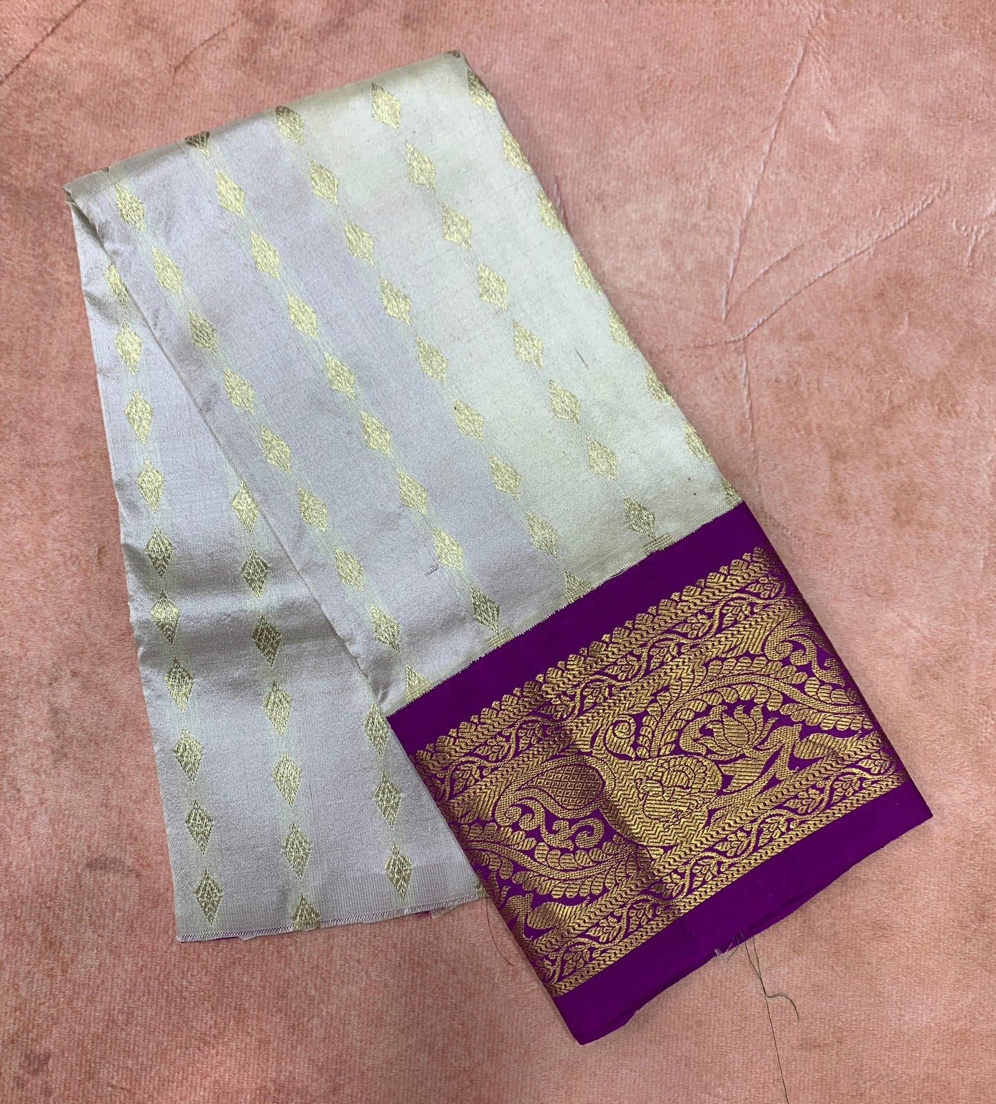White Shade Pure kanchipuram Kids Pattu Pavadai with Contrast border for Newborn to 2 Years