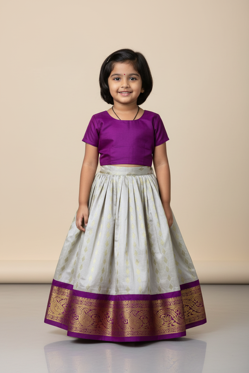 White Shade Pure kanchipuram Kids Pattu Pavadai with Contrast border for Newborn to 2 Years