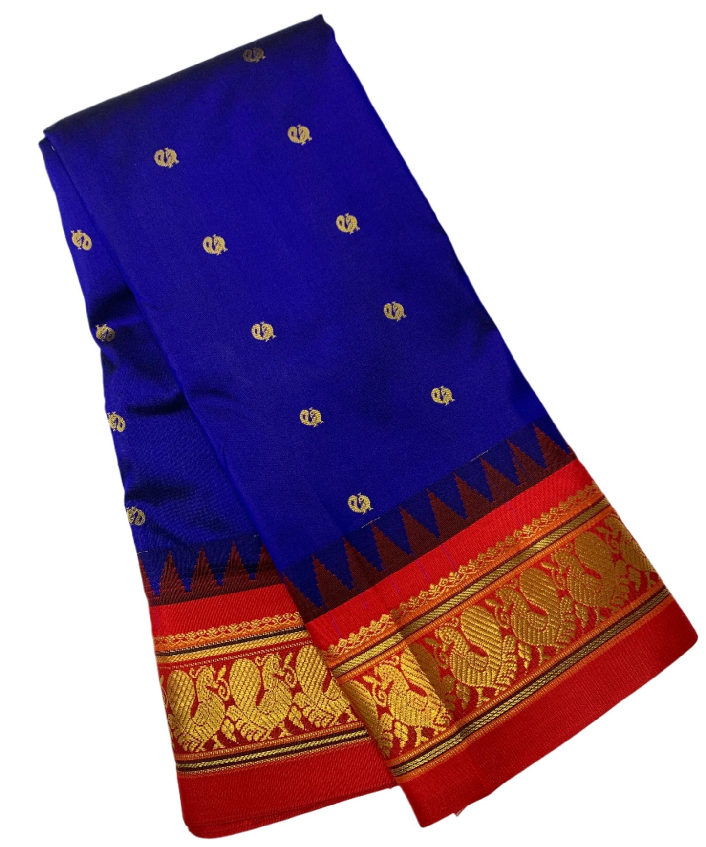 Pure Kanchipuram Silk Saree Blue Colour with Contrast Red Annam Border