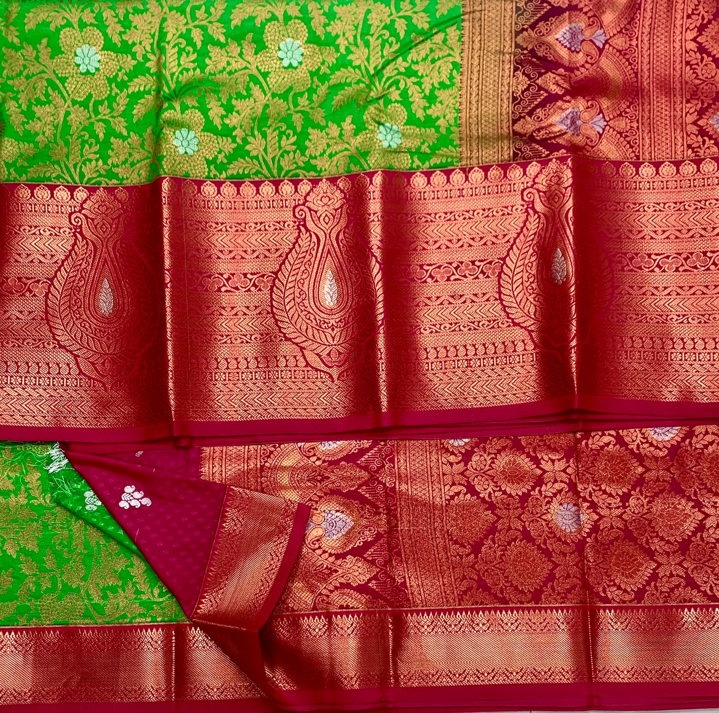 Vegan Silk Saree Apple Green shade with Pink Border