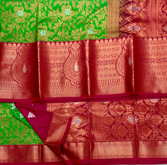 Vegan Silk Saree Apple Green shade with Pink Border