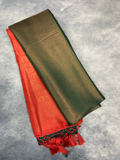 Soft Silk Saree Green Colour with Red Colour Pallu