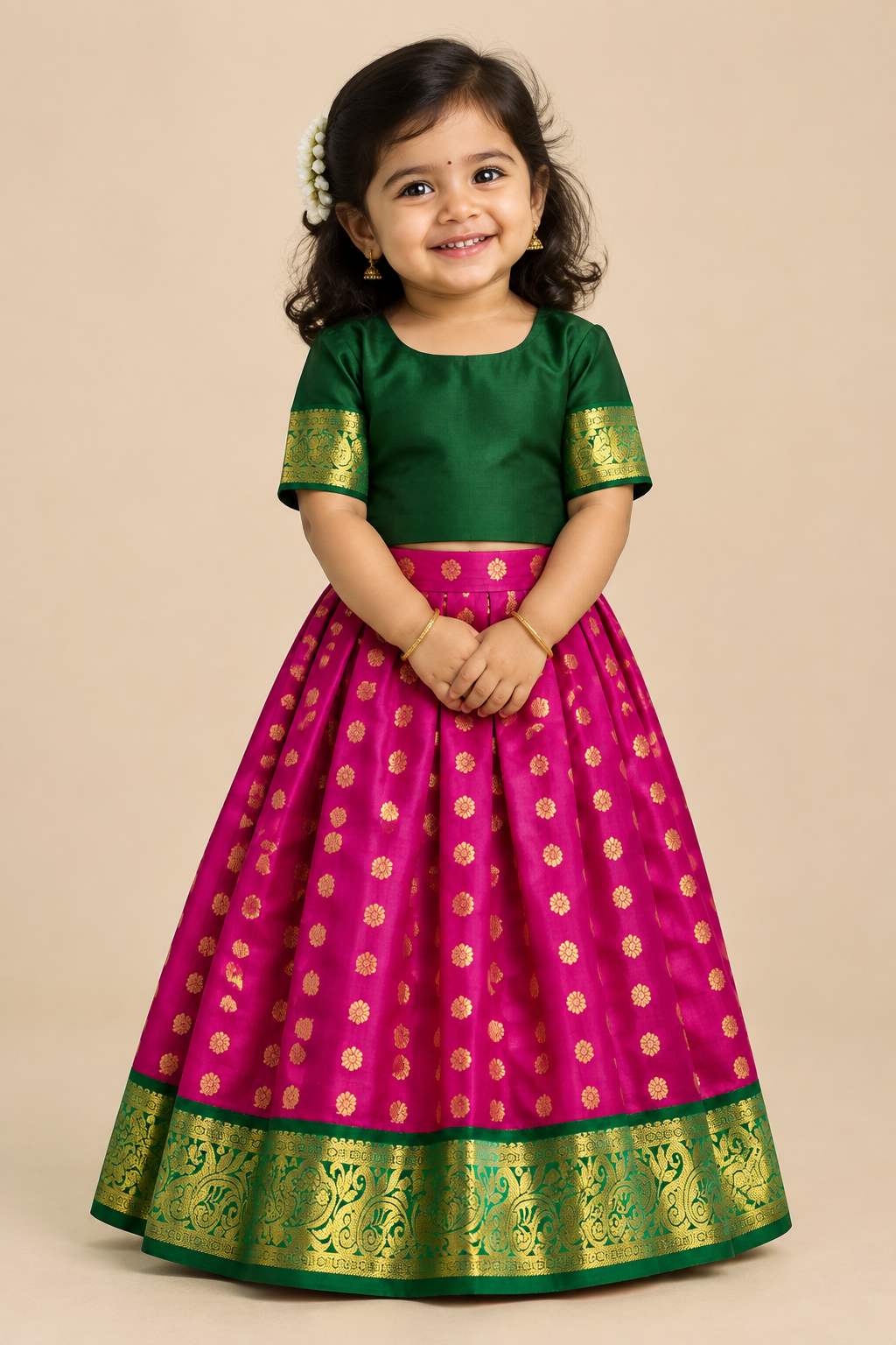 Pink Shade Pure Kanchipuram Kids Pattu Pavadai with Contrast Border for Newborn to 2 Years