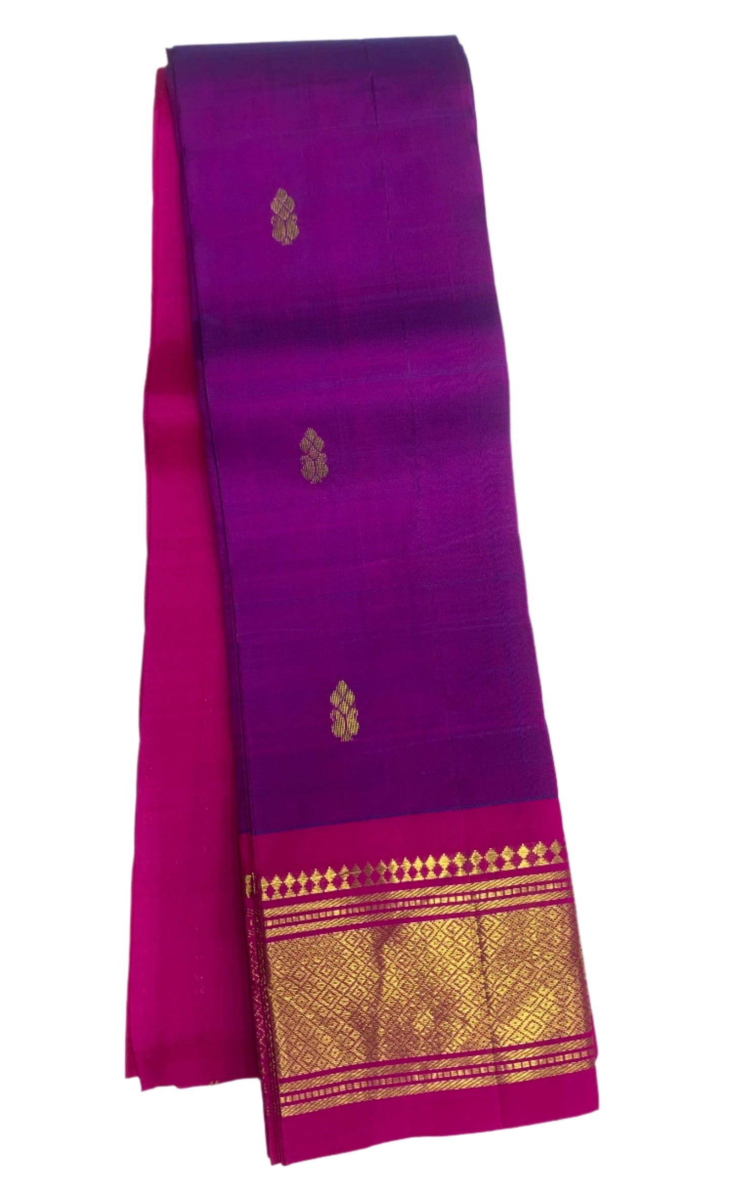 Pure Kanchipuram Silk Saree Purple Colour with Pink and Gold Zari Border