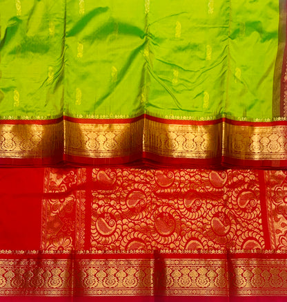 Pure Kanchipuram Silk Saree Light Green shade with Red Border