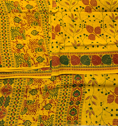 Chettinad Sungudi Cotton Mustard Yellow Colour with Leaf Design Border