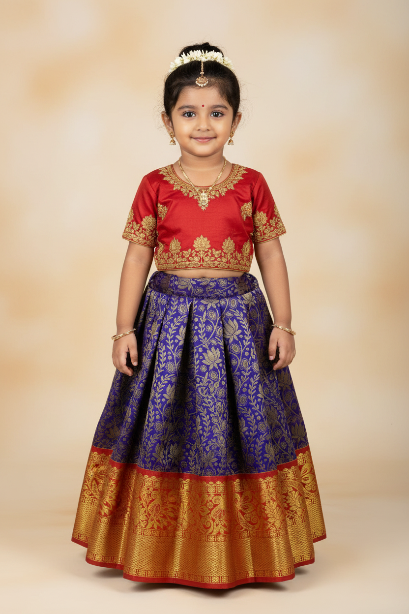 Blue shade Vegan Silk Kids Pattu Pavadai with Contrast border for age 5 to 10