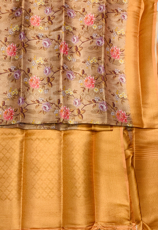 Digital Print Silk Saree Brown Colour with Floral Design