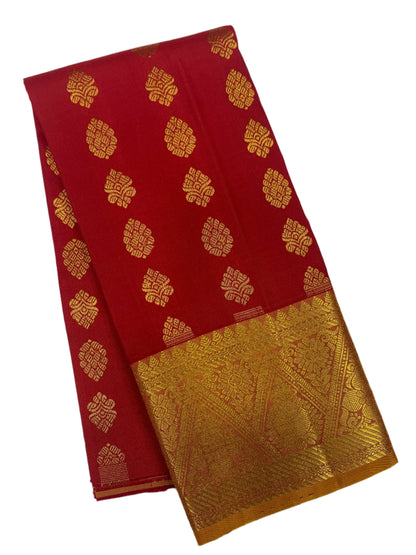 Red shade Pure kanchipuram Kids Pattu Pavadai with contrast border for newborn to 2 Years