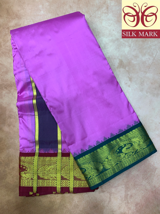 9X5 Pure Silk Dhoti Magenta Colour with Green and Maroon Ganga Jamuna Border