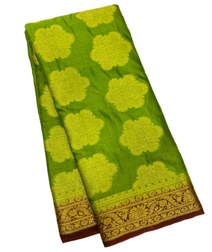 Crepe Saree Olive Green Colour with Brown Border