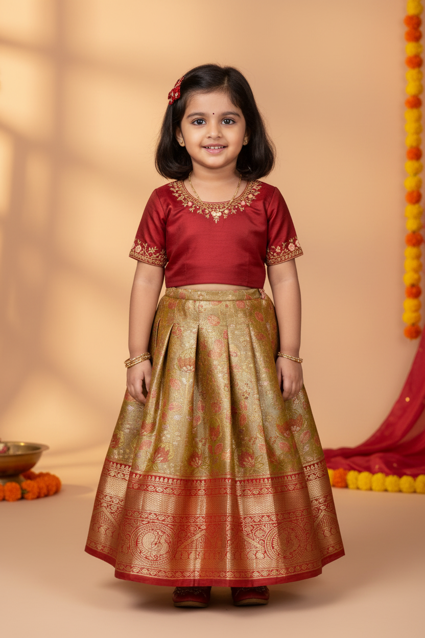 Golden Orange Shade Vegan Silk Kids Pattu Pavadai with Contrast Border for Newborn to 2 Years