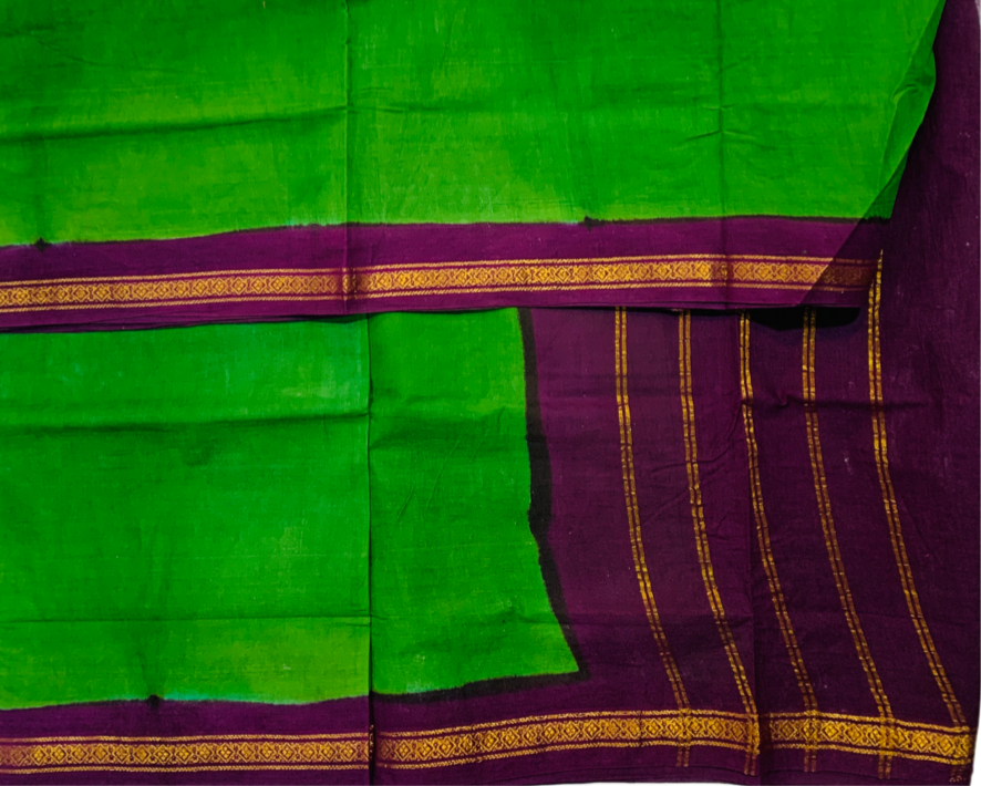 9 yards Cotton Saree Light Green with Brown Border