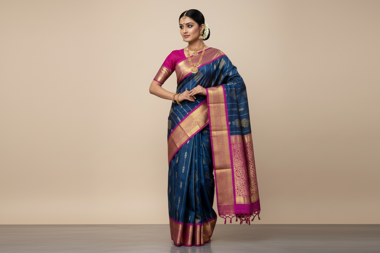 Pure Kanchipuram Silk Saree Navy Blue Colour with Purple Border