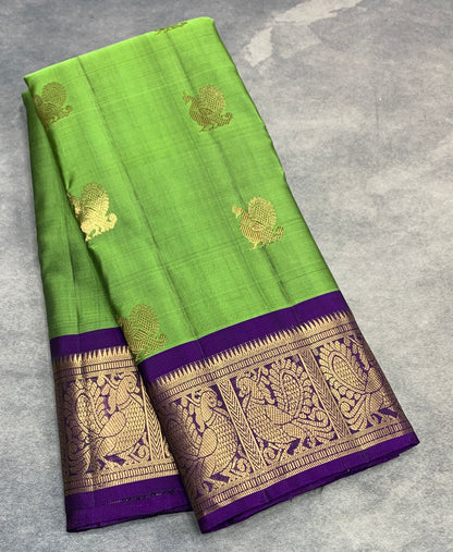 Pure Kanchipuram Silk Saree Olive Green Colour with Blue Border
