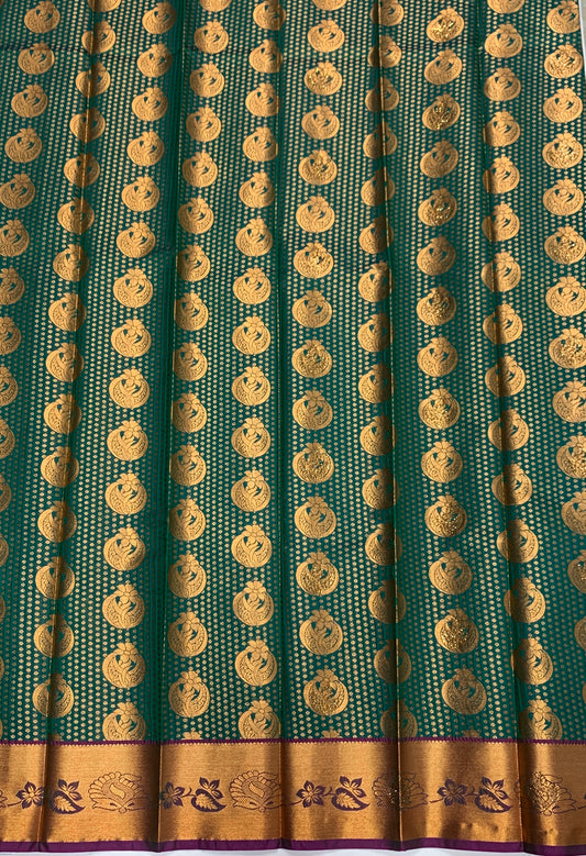 Vegan Silk Saree Green Colour with Copper and Pink Border