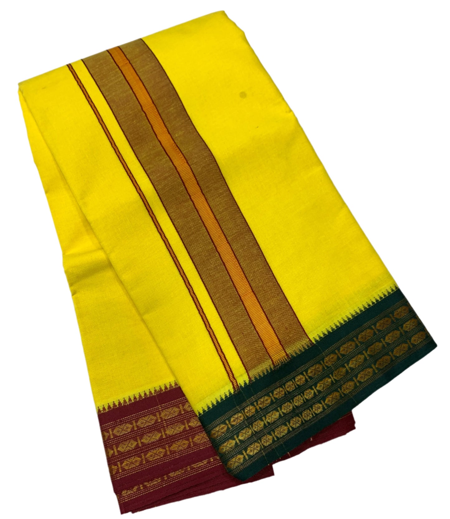 9X5 Cotton Dhoti Yellow Colour with Green and Maroon Border