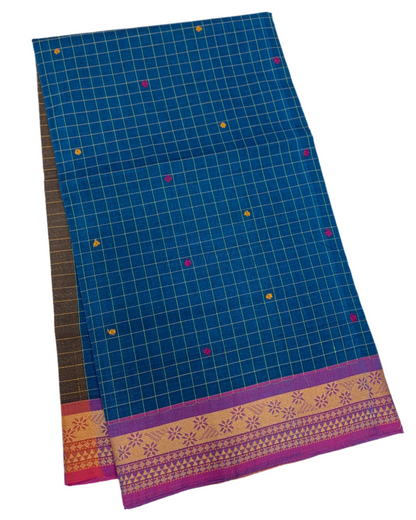 Chettinad Cotton Saree Anatha Blue Shade with Lavender Border